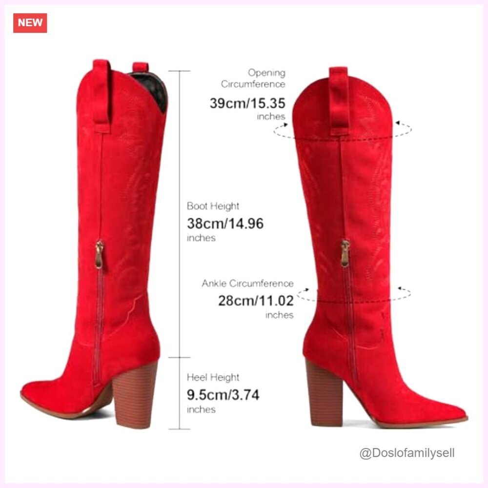 Knee High Cowboy Boots Pointed Toe Chunky Heel Pull-On Embroidered Western - Picture 5 of 7
